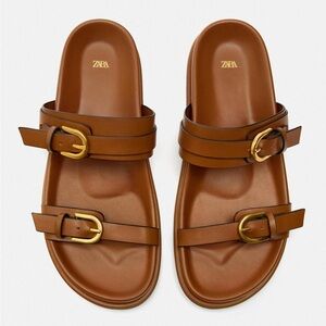 Zara Tan Leather Slide Sandals with Gold Buckles